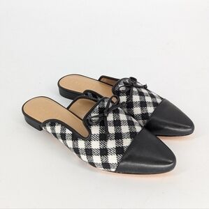 Talbots Plaid Pointy Toe Slides Black 8 textile leather bow preppy business